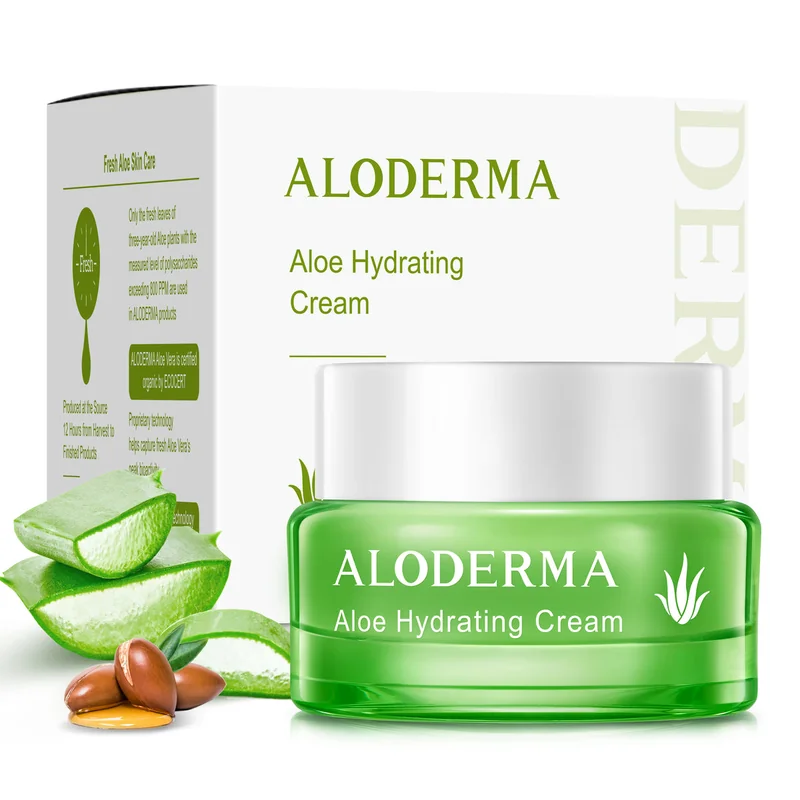 Aloe Hydrating Cream jar and box with aloe slices beside it