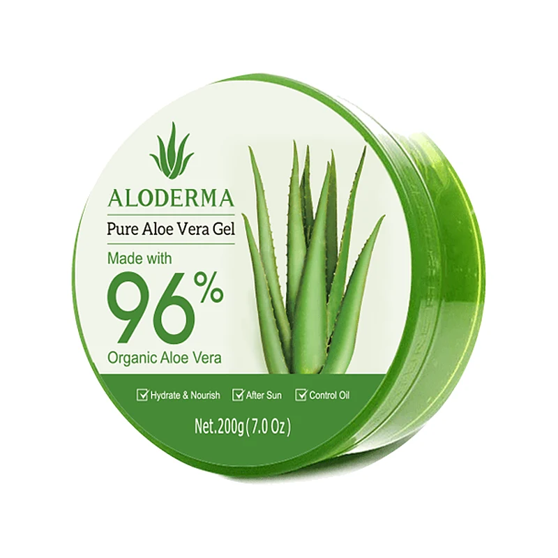 Open 200 g jar of Pure Aloe Vera Gel 96%, with sliced aloe leaves beside it