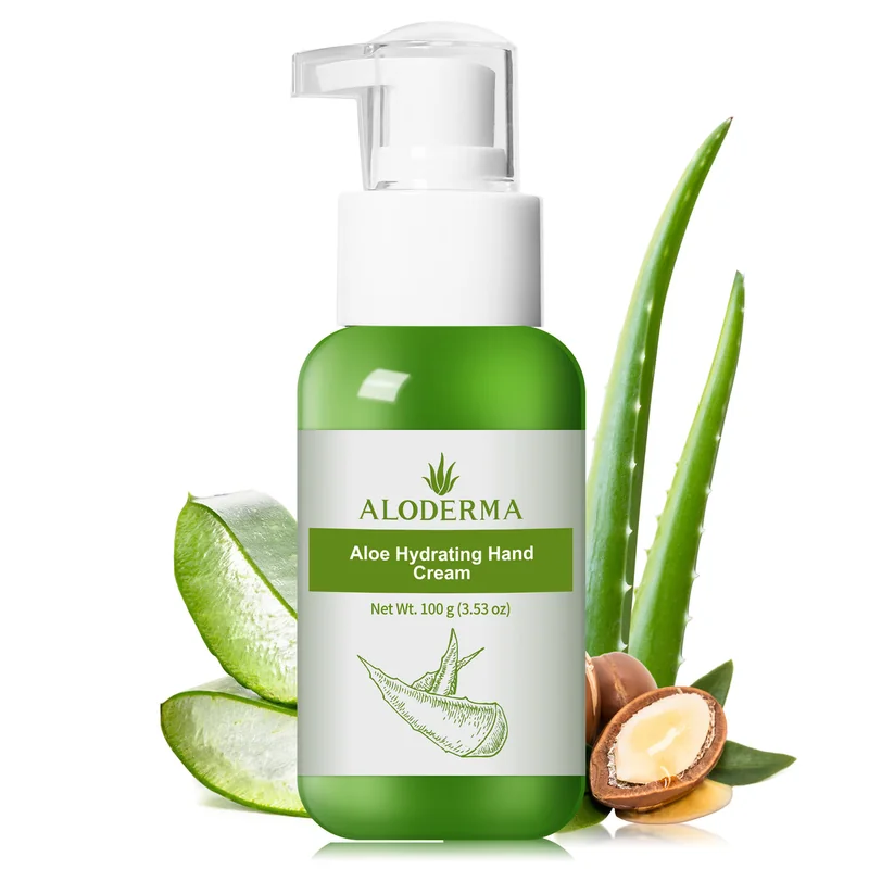 Aloe Hydrating Hand Cream pump tube with aloe leaves beside it