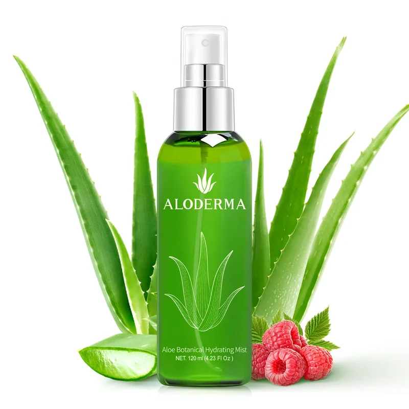 Aloe Botanical Hydrating Mist spray bottle with aloe leaves and raspberry
