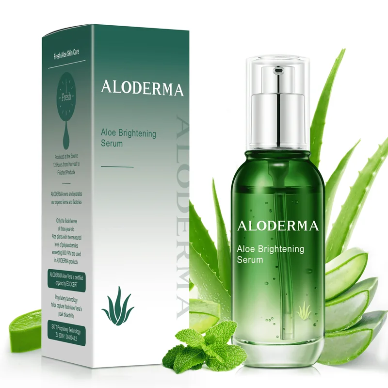 Aloe Brightening Serum bottle and box with aloe and mint leaves
