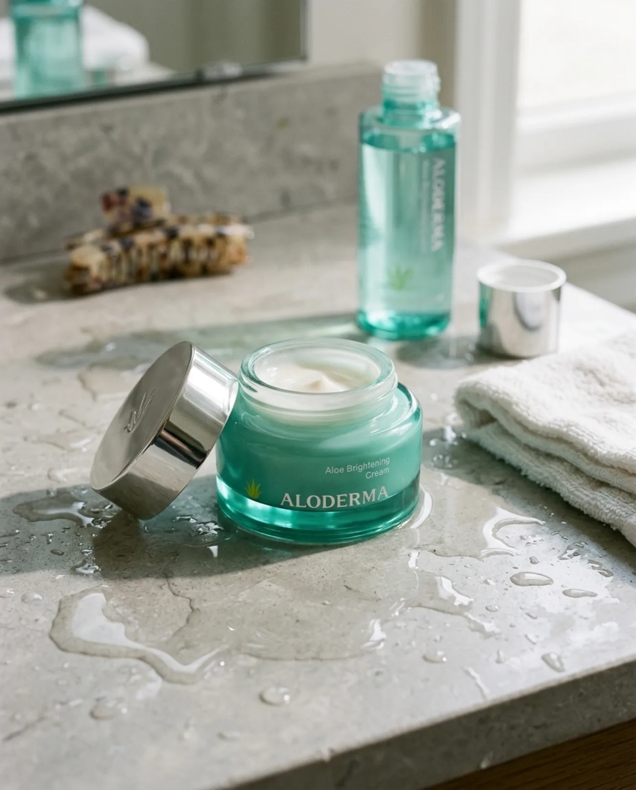 ALODERMA products in use on a bathroom counter